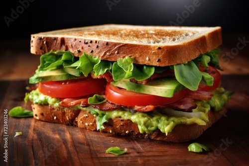 Vegetarian sandwich with slices tomatoes, avocado, lettuce, onions on cutting board on kitchen table. Quick delicious healthy fast food