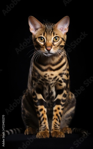Full body front view studio portrait single beautiful spotted bengal cat sitting and looking in camera isolated on black background