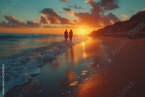 Amidst the vastness of the ocean, two figures strolled along the shore, their silhouettes illuminated by the vibrant hues of the sunrise, as waves crashed against the sandy ground