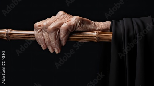 the hand of an older female patient holding a walking stick in a geriatric center or nursing home, conveying the challenges and care involved in managing this condition. photo
