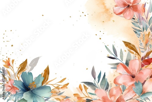 abstract watercolor floral frame, pastel colors flowers on white background