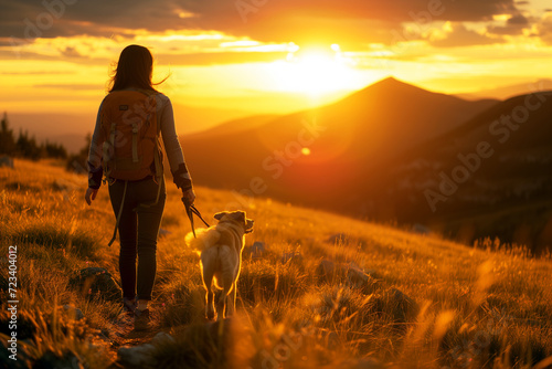 A hispanic woman is hiking with a dog, at sunset, in the Rocky Mountains near Denver, Colorado, USA © Enrique