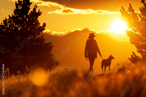 A hispanic woman is hiking with a dog, at sunset, in the Rocky Mountains near Denver, Colorado, USA