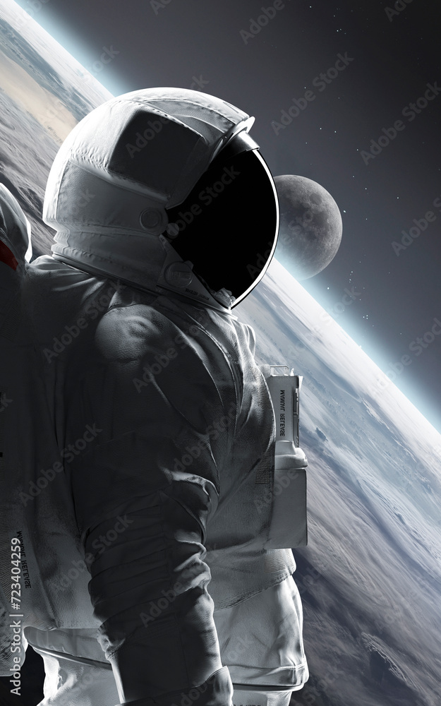 3D illustration of astronaut at spacewalk. High quality digital space art in 5K vertical/portrait format- realistic visualization