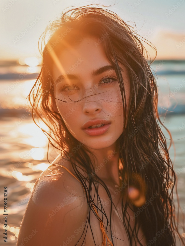 Beautiful young woman in swimsuit in sunset light by sea. Portrait