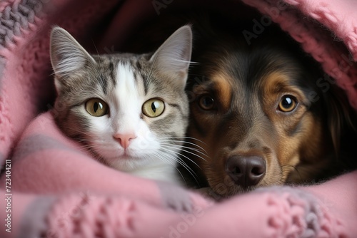 closeup portrait of a cat and a dog lying on a bed under a knitted warm pink blanket