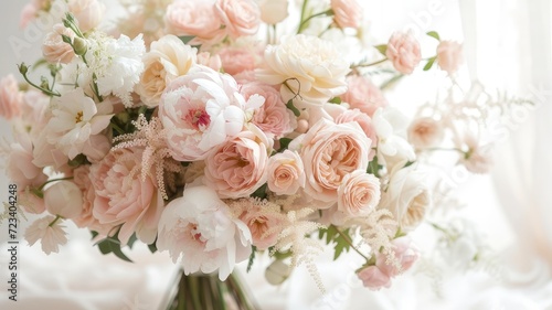 a bridal bouquet crafted from pink roses and white peonies, showcasing the delicate beauty and timeless charm of these floral arrangements in the context of a wedding celebration. © lililia