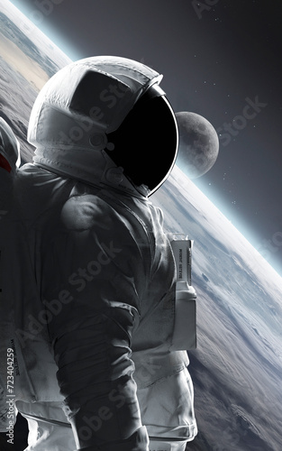 Obraz na płótnie 3D illustration of astronaut at spacewalk. High quality digital space art in 5K vertical/portrait format- realistic visualization w salonie
