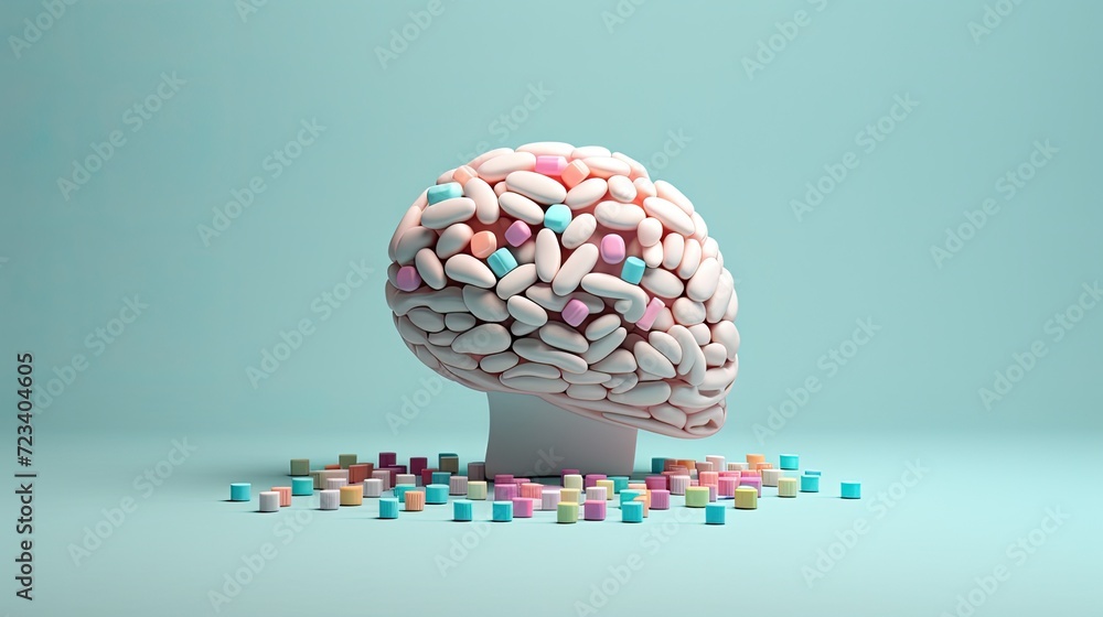 a detailed brain model surrounded by pills, set against a plain background, symbolizing the complex interplay between medication and brain diseases such as Alzheimer's, Parkinson's, dementia, stroke. a detailed brain model surrounded by pills, set against a plain background, symbolizing the complex interplay between medication and brain diseases such as Alzheimer's, Parkinson's, dementia, stroke.