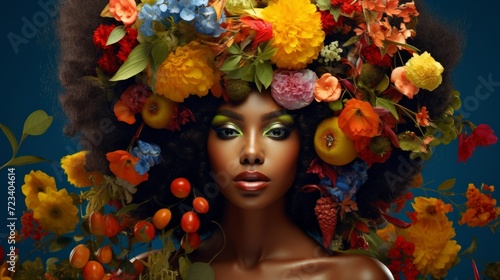 A close-up portrait of a beautiful young woman with flowers in her hair