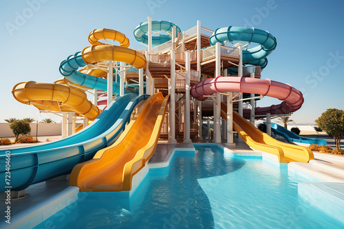 Water park, bright colorful slides. Water park without people on a summer day with a beautiful blue sky. Generated by artificial intelligence
