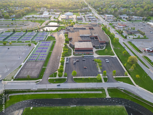 aerial view of American high school buildings 