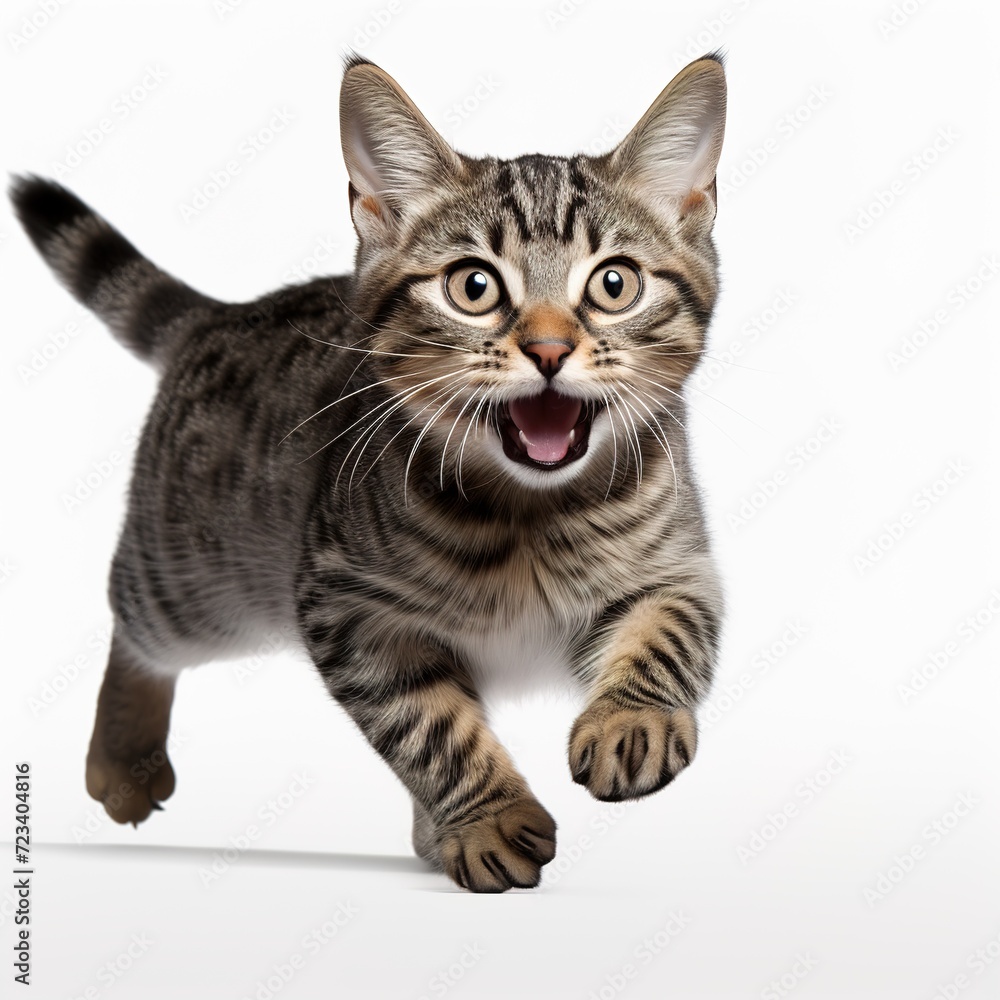 cute playful young tabby cat runs, isolated on white background cute playful young tabby cat runs, isolated on white background