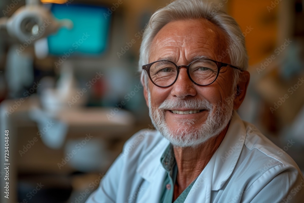 An elderly man with a kind smile and glasses, wearing a white coat, stands indoors with wrinkles on his forehead and chin, showcasing a lifetime of wisdom and experience An elderly man with a kind smile and glasses, wearing a white coat, stands indoors with wrinkles on his forehead and chin, showcasing a lifetime of wisdom and experience
