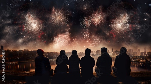 silhouette of group of people watching fireworks at holiday celebration, crowd looking up at fire works at night