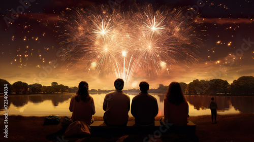 silhouette of group of people watching fireworks at holiday celebration, crowd looking up at fire works at night