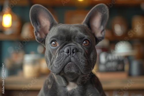 A lovable french bulldog gazes up with its wrinkled snout, exuding a sense of warmth and companionship as an indoor pet