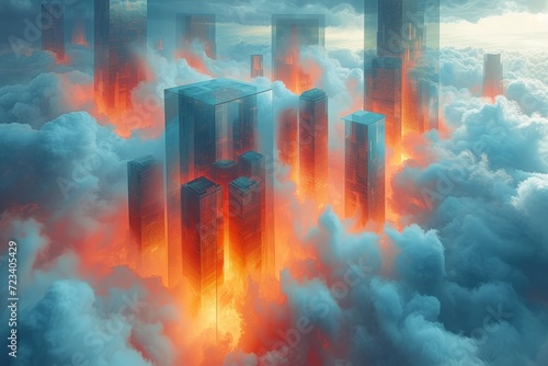 A vibrant metropolis perched among the clouds, where towering skyscrapers blend with colorful nature and wisps of smoke add a touch of mystique