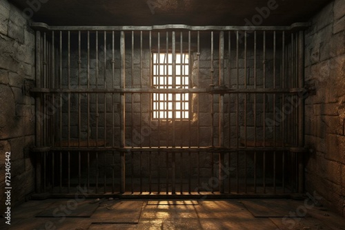An unfilled detention cell featuring metallic bars and a window. A digitally-rendered 3D representation of a medieval underground chamber. Generative AI