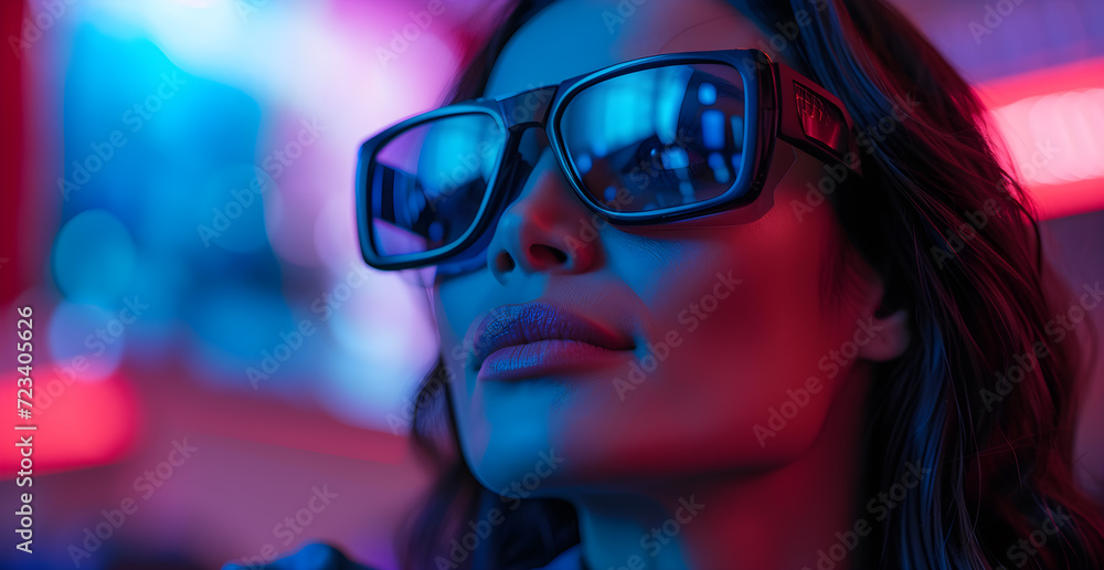 Latina woman in cinema very happy watching a movie pink tones wears modern glasses Latina woman in cinema very happy watching a movie pink tones wears modern glasses