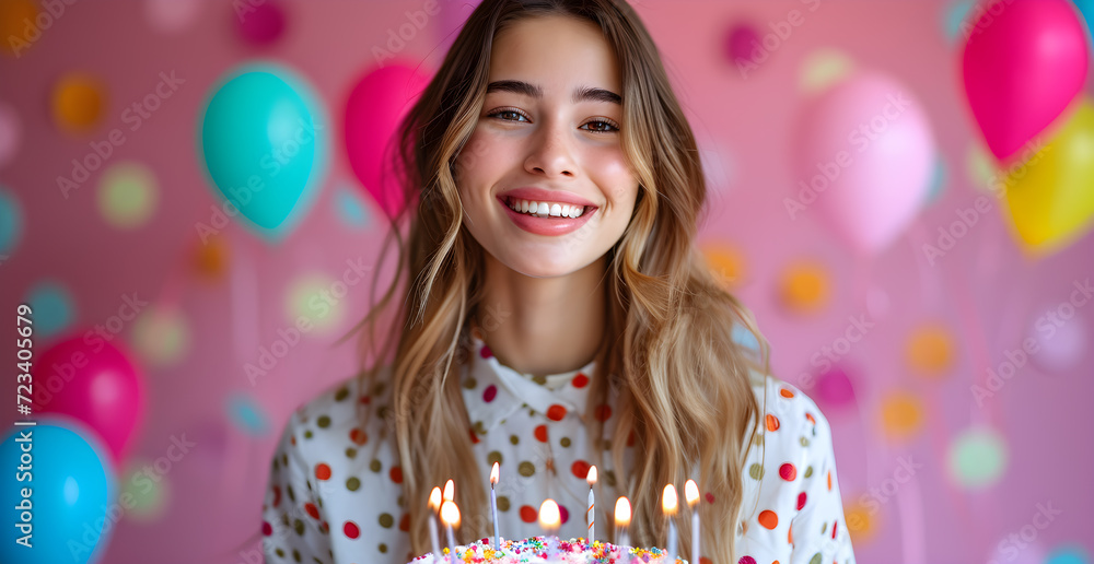 latin young woman with colorful cake celebrating birthday on colorful background latin young woman with colorful cake celebrating birthday on colorful background