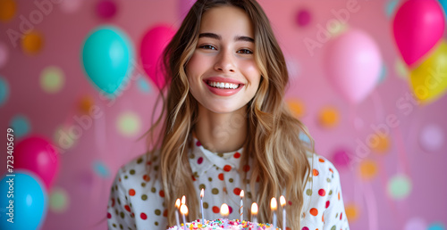 latin young woman with colorful cake celebrating birthday on colorful background