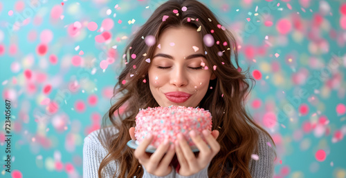 latin young woman with colorful cake celebrating birthday on colorful background