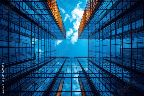 Mesmerizing symmetry and reflective glass create a breathtaking view of a towering skyscraper against a backdrop of serene blue skies and fluffy white clouds