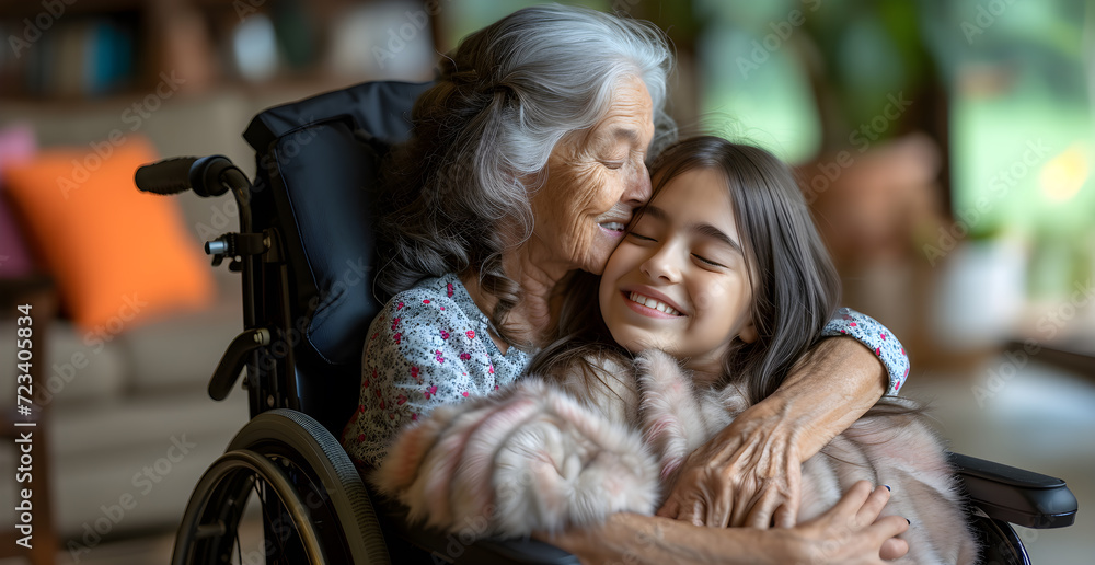 Senior latina woman in wheelchair hugging latina girl Senior latina woman in wheelchair hugging latina girl