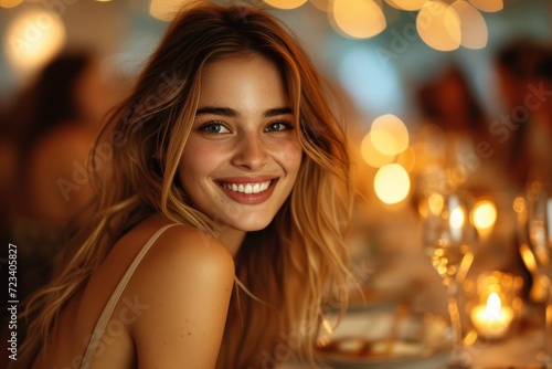 A radiant woman adorned in elegant clothing poses with a gentle smile, her face illuminated by the soft glow of a candle in an intimate indoor setting