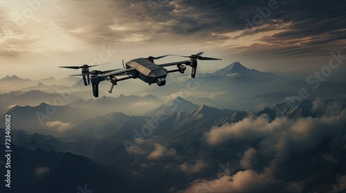 military drones, an unmanned drone soaring above the clouds, symbolizing advanced reconnaissance capabilities and the use of cutting-edge technology in modern warfare.