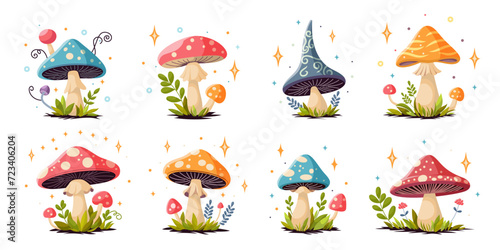 Collection of fairy magic fantasy mushrooms with grass and twigs in magic forest. Set of vector fungi and fantastic toadstools isolated on white background. For web, video games, design printing.