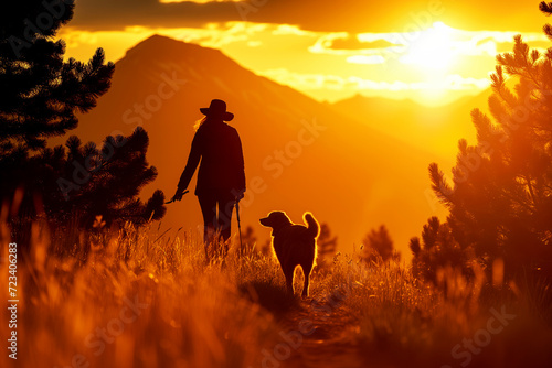 Silhouette of a woman walking with her adorable dog in the mountains of a National Park at sunset. orange and black