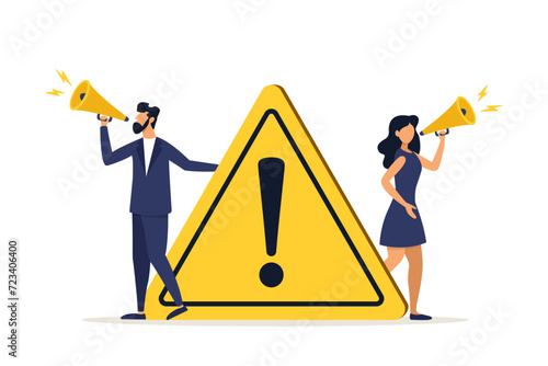 Business people announce on megaphone with attention exclamation signImportant announcement, breaking news or urgent message communication, alert and beware concept.