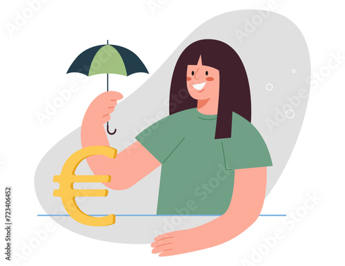 Financial and economic improvement during stock market crash, stabilization of foreign currency, financial instruments to increase income, fight against inflation, woman holding umbrella over euro.