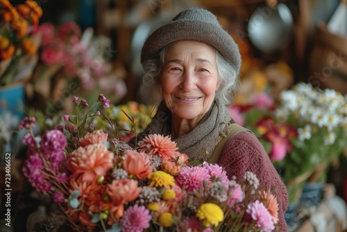 A joyful woman radiates beauty as she holds a vibrant bouquet of flowers, showcasing her love for floral design and the natural beauty of cut flowers photo