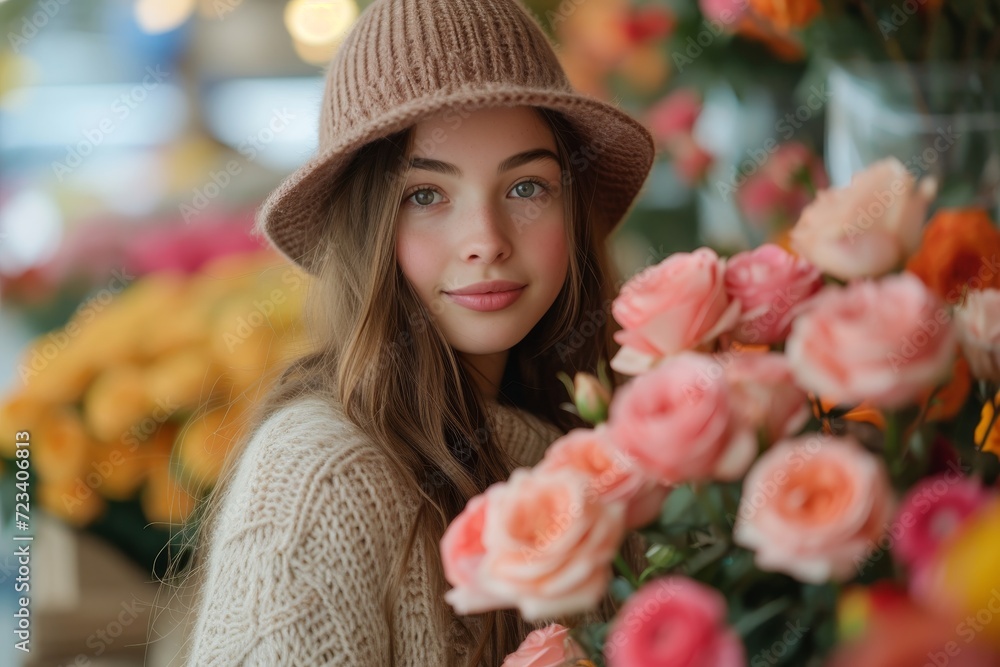 A fashion-forward woman exudes elegance and grace as she wears a vibrant floral hat, surrounded by delicate petals, showcasing the beauty of nature and the intricacies of fashion A fashion-forward woman exudes elegance and grace as she wears a vibrant floral hat, surrounded by delicate petals, showcasing the beauty of nature and the intricacies of fashion