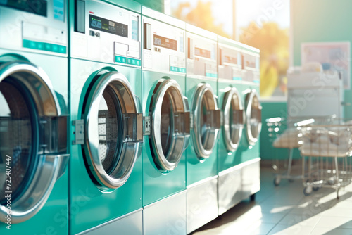 A vibrant laundromat interior with a row of turquoise washing machines, showcasing modern laundry service and vibrant design. Clean, self-service laundry environment