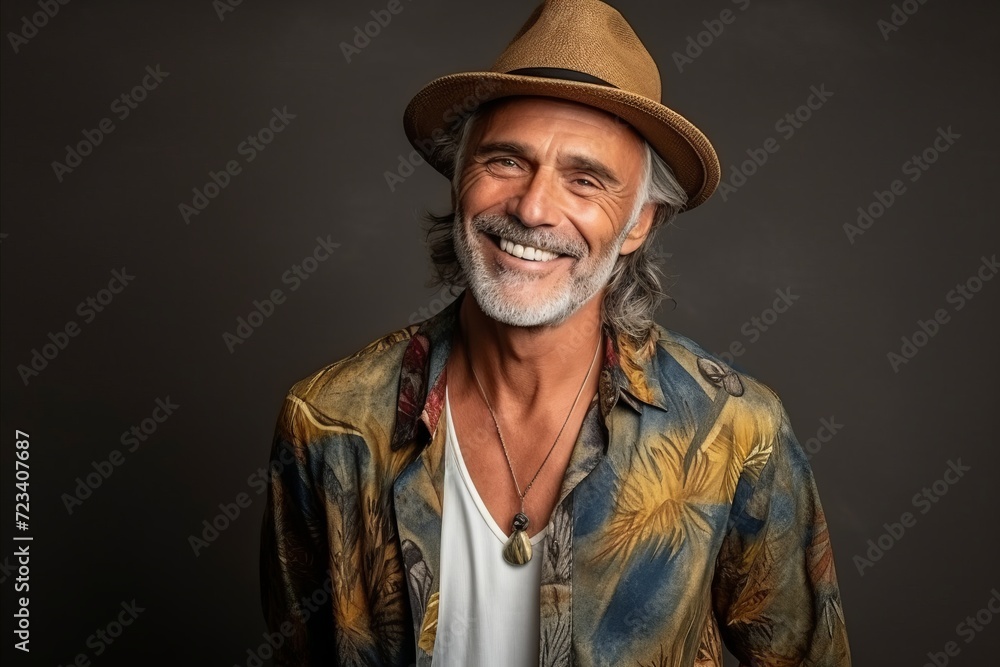 Portrait of a happy senior man with hat and colorful shirt Portrait of a happy senior man with hat and colorful shirt