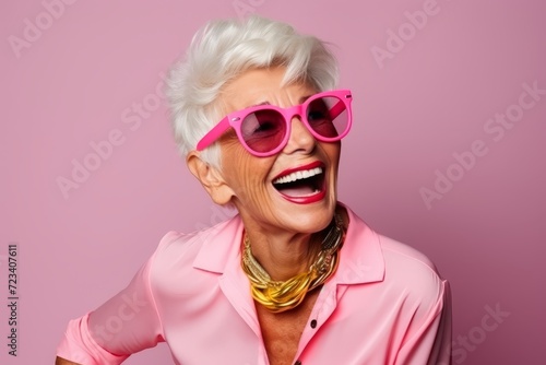 Portrait of a happy senior woman in pink sunglasses over pink background. © Juan Hernandez