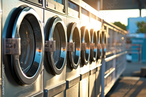 A laundromat's washing machines in the sunset glow. Modern, clean service for clothes with industrial efficiency, symbolizing energy-efficient cleaning technology