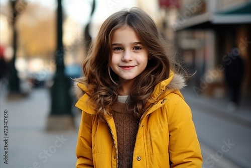 Outdoor portrait of cute little girl in yellow coat on the street.