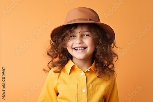 beautiful little girl with curly hair in a hat on an orange background. © MediaRaw