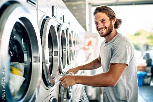 Cheerful young white Caucasian man doing his weekly laundry in a laundromat. Daily routine, household chores and lifestyle. Cleaning and washing, energy saving at home concept photo