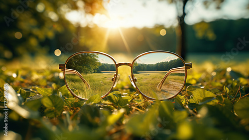 Glasses lie on green grass in the rays of the sun against a background of natural bokeh. Generated by artificial intelligence