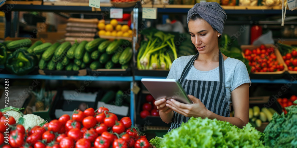 Female farmer is holding a tablet at the vegetables market Female farmer is holding a tablet at the vegetables market