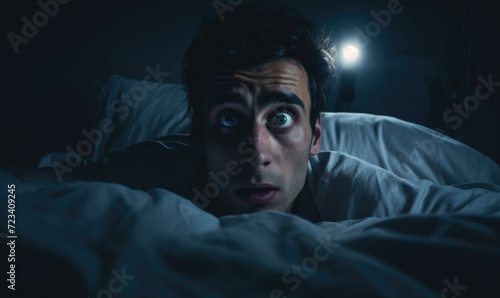A man is looking at the camera in bed at night. Generative AI.