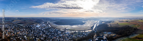 the german lahn river near castle dehrn from above in winter panorama