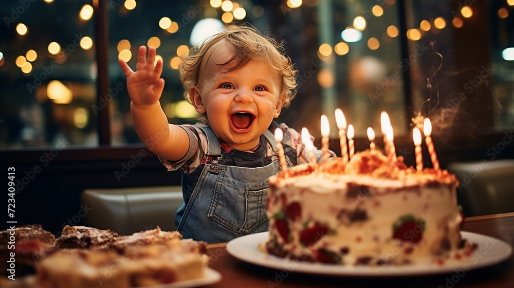 A happy baby laughing and reaching out for a slice of birthday cake, surrounded by festive decoration A happy baby laughing and reaching out for a slice of birthday cake, surrounded by festive decoration