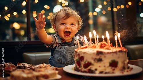 A happy baby laughing and reaching out for a slice of birthday cake, surrounded by festive decoration